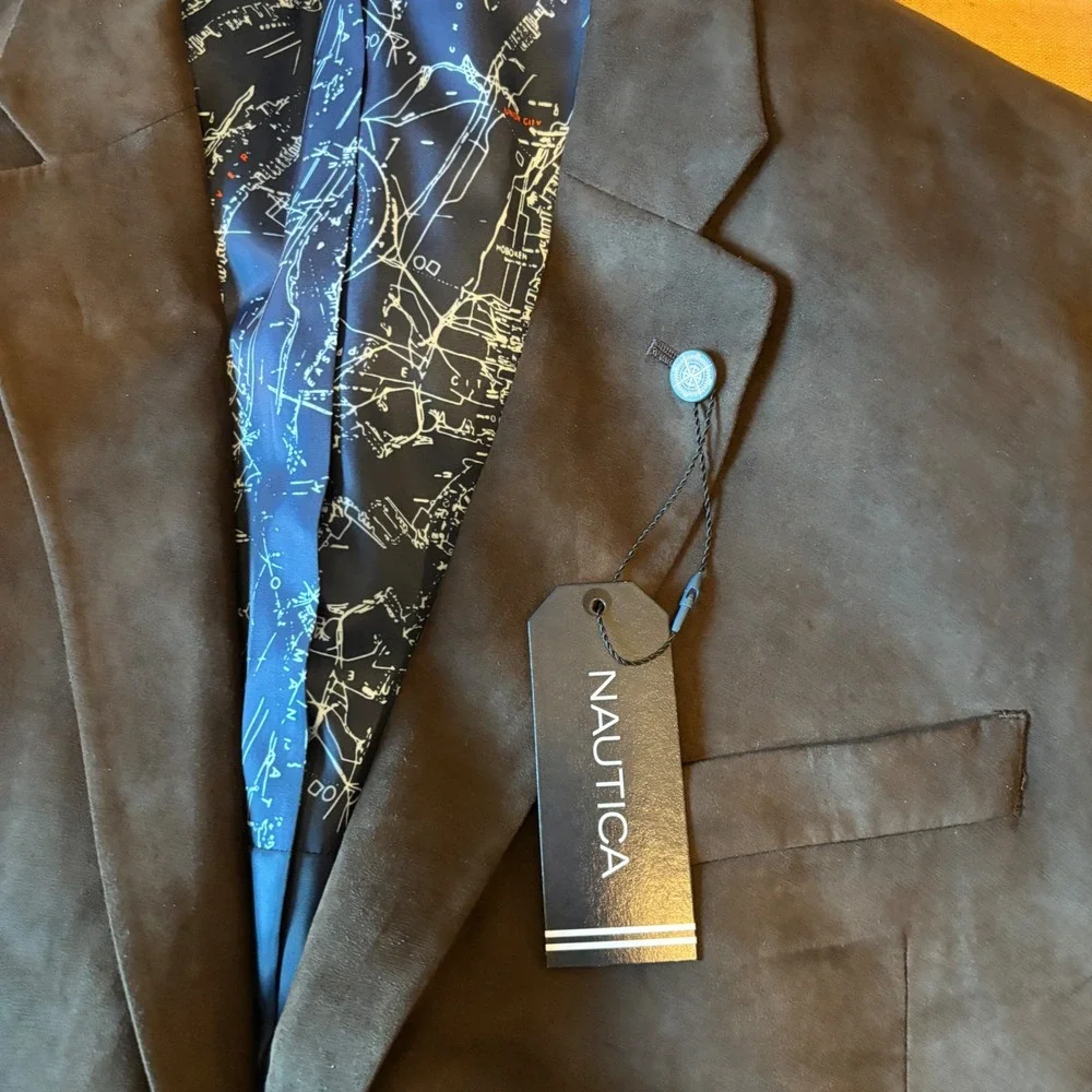 Nautica Blazer Branford 52R Faux Suede Brown Nautical Map Dark Academia Mens